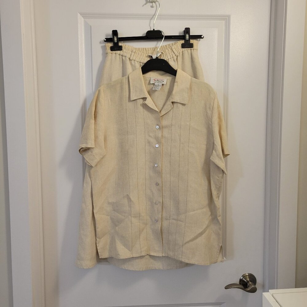 Vintage Talbots Blouse and Midi Skirt 100% Irish Linen Set - Pointelle Detailing